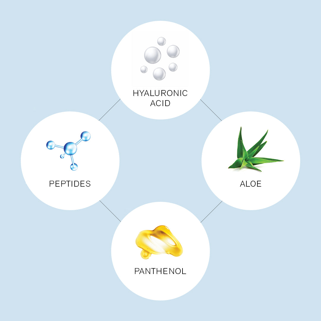 Elegancka butelka balsamu z kwasem hialuronowym lśni na tle gładkiej skóry twarzy
