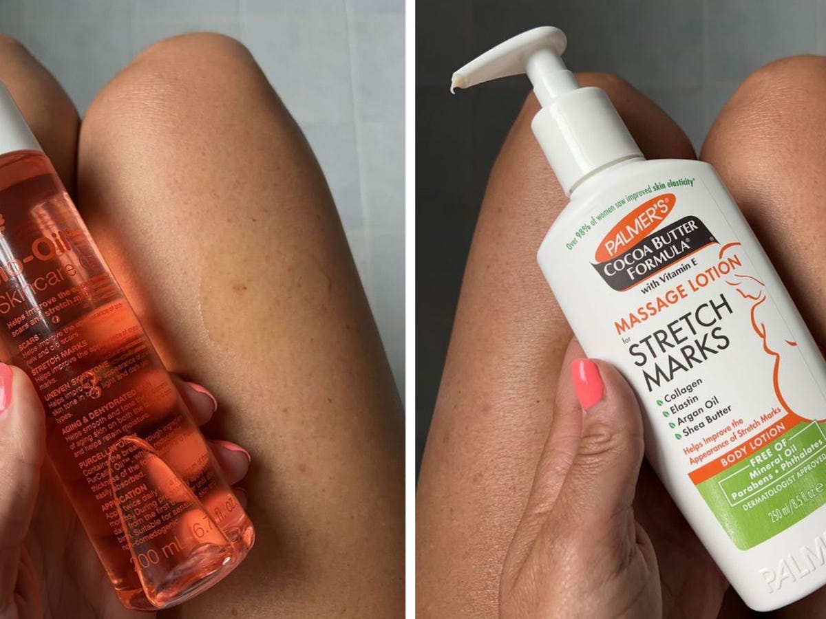 Ciężarna kobieta masująca brzuch kremem zapobiegającym rozstępom