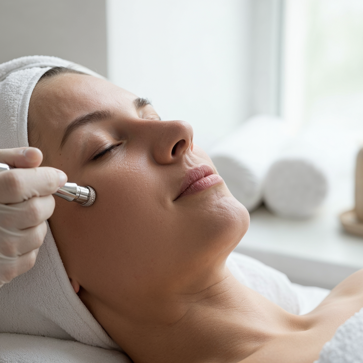 świeży wygląd tuż po mikrodermabrazji natychmiastowy efekt po mikrodermabrazji z zaróżowioną i napiętą skórą twarzy u klientki