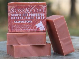 kostka zielonego mydła lnianego z widocznymi nasionami na liściach lnu